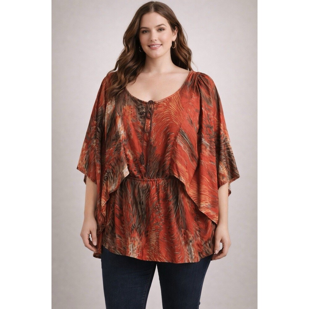 Cato Womens Top Red Gray Elastic Waist Kimono Sleeve Self Tie Neckline Sz 18/20W